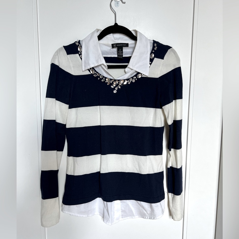 Blue and white INC shirt. Very comfortable, added collar and beads at neckline.